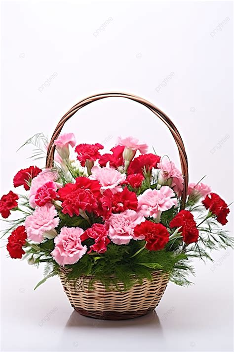 A Basket Of Red And Pink Carnations Against White Background Wallpaper Image For Free Download ...