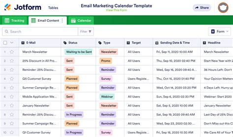 Email Marketing Calendar Template | Jotform Tables