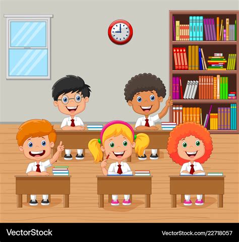 Cartoon school kids raising hand in the classroom Vector Image