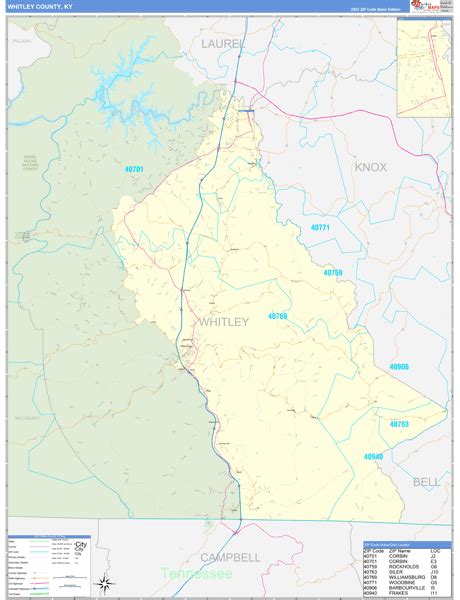 Whitley County, KY Zip Code Wall Map Basic Style by MarketMAPS - MapSales