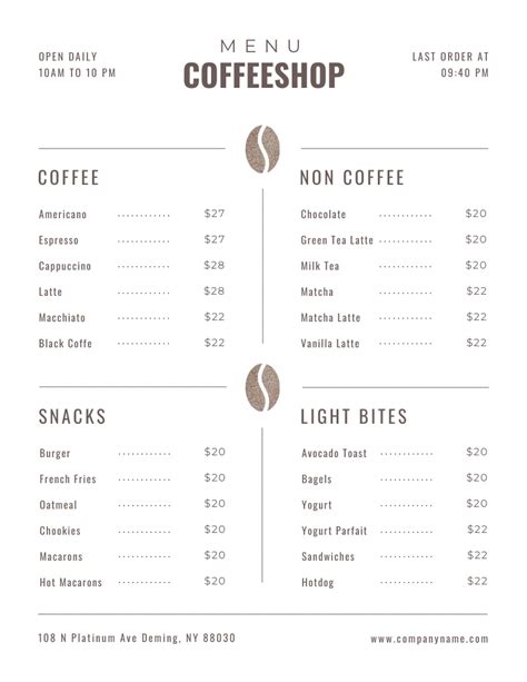 White Minimalist Coffee Shop Menu - Venngage