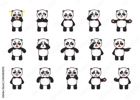 Set of cute panda bear characters showing various expressions. Kawaii panda making funny faces ...