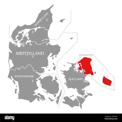 Hovedstaden red highlighted in map of Denmark Stock Photo - Alamy