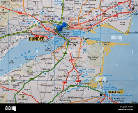 Straßenkarte von Schottland, zeigt die Gegend von Dundee und mit einer ...