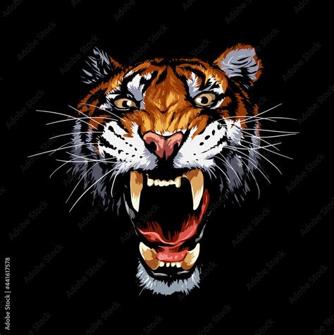 angry tiger face roar vector illustration on black background Stock Vector | Adobe Stock