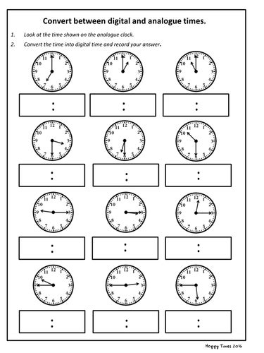 Convert analogue to digital time worksheet (KS2 Maths) by hoppytimes ...