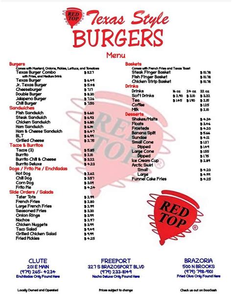 Menu at Red Top Restaurant, Clute