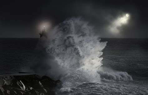 Sea storm at night stock photo. Image of lighthouse, evening - 95522262