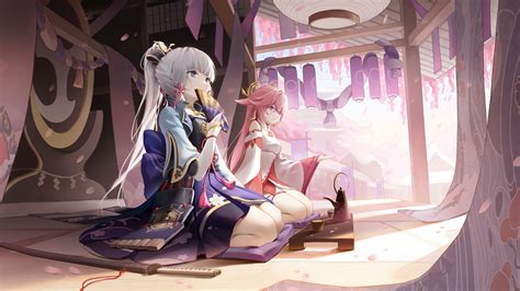 ayaka, yae miko, genshin impact, game, art, 4k, pc, HD Wallpaper | Rare ...