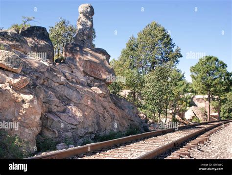 The landscape with the Copper Canyons railway road near Creel ...