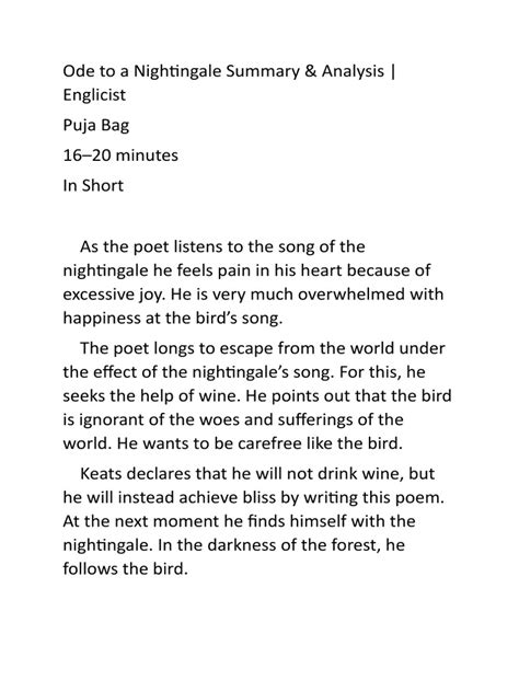 Ode To A Nightingale Summary | PDF | Ruth (Biblical Figure) | Poetry