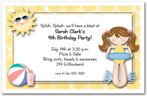 Swim Girl Brown Hair Kids Party Invitations, Pool Party Invitation