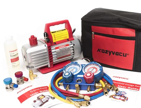 Kozyvacu AUTO AC Repair Complete Tool Kit with 1-Stage 3.5 CFM Vacuum Pump, Manifold Gauge Set ...