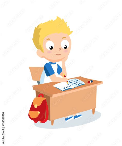 Schoolboy sitting at school desk. Pupil vector cartoon character. Stock Vector | Adobe Stock