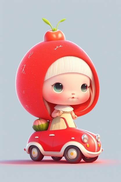 Premium AI Image | Little girl in a red car with an apple on top ...