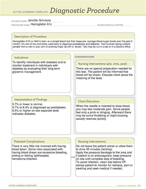 ATI hemoglobin A1c Template - ACTIVE LEARNING TEMPLATES THERAPEUTIC PROCEDURE A Diagnostic ...