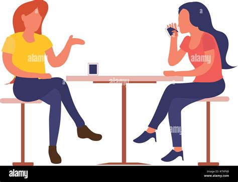 two girls sitting at cafe drink coffee while talking flat design isolated on white background ...