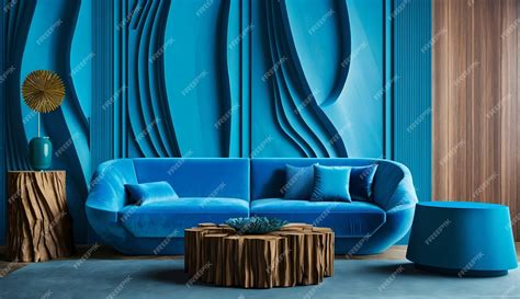 Premium Photo | Vivid blue velvet sofa and stump coffee table modern living room