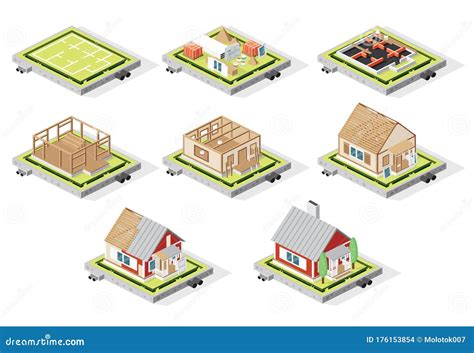 Isometric House Construction Phases Isolated on White. Stages from Plan To Finished Building ...