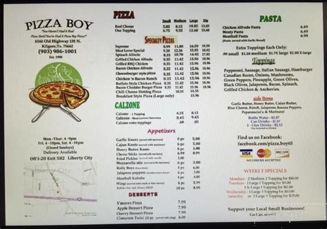 Online Menu of Pizza Boy, Kilgore, TX