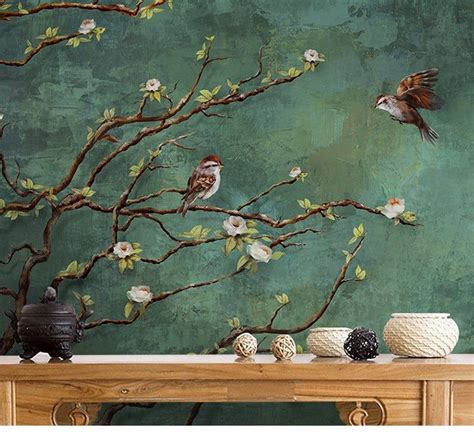 Vintage donkere vogels en bloemen behang, natuur muur muurschildering ...