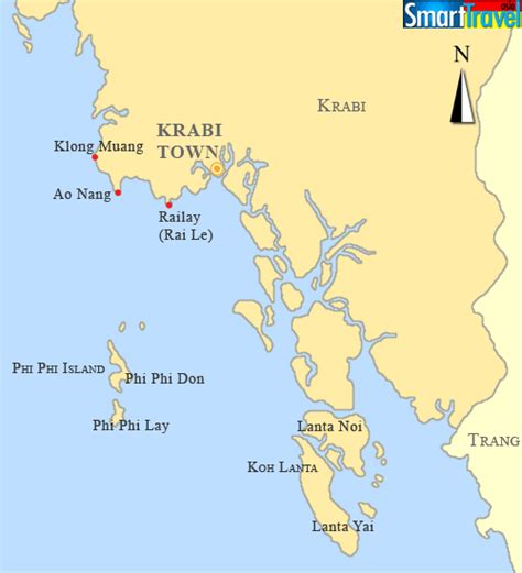 Detailed A4 printable map of Krabi, listing popular sights, cities, and ...