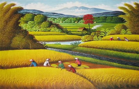 Harvest Time in the Golden Fields - Oil and Canvas - Paintings & Prints, Landscapes & Nature ...