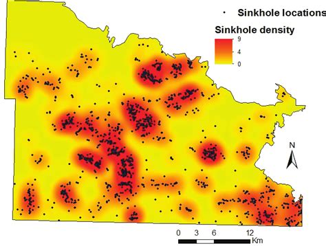 Map showing sinkhole locations (dots) and densities (number of ...