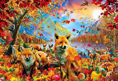 1920x1080px, 1080P Free download | Foxes and Friends, river, leaves ...