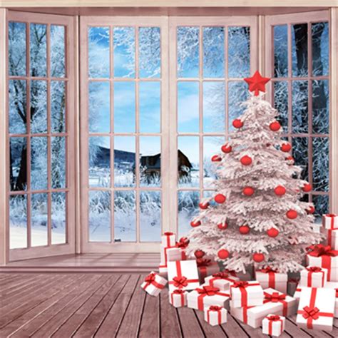 Window Christmas Photography Backdrops Printed Xmas Tree Gift Boxes Beautiful Winter Snow View ...