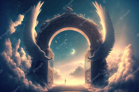 Premium Photo | Heaven fantasy gate with bird's wing in the colorful skyline