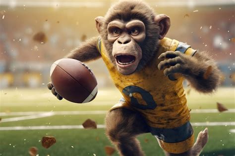 Premium AI Image | A monkey in a football uniform runs with a football.