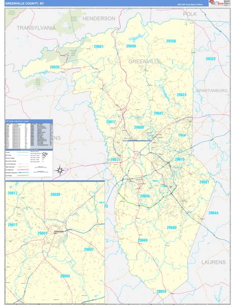 Greenville County, SC Zip Code Wall Map Basic Style by MarketMAPS - MapSales