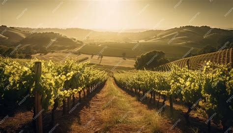 Premium AI Image | A vineyard with a sunset in the background