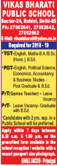 Vikas Bharati Public School Delhi Wanted PGT plus TGT - Faculty Teachers