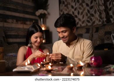 Indian Couple Celebrating Diwali Each Other Stock Photo 2223174075 ...