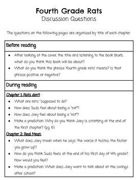 Fourth Grade Rats - Book Club or Whole Class Discussion Questions Guide