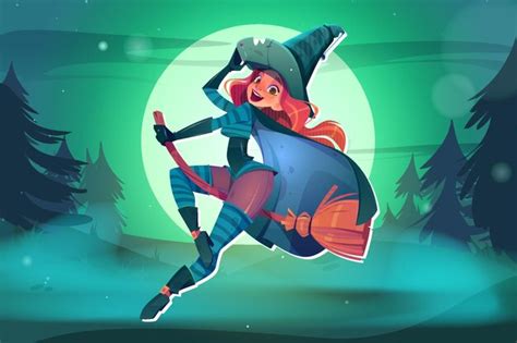 Premium Vector | Sexy witch flying on broom full moon background