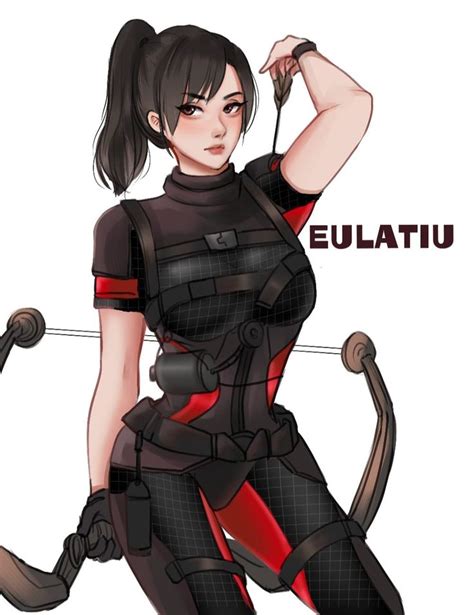 a woman in black and red outfit holding a bow with the words eulatu on it