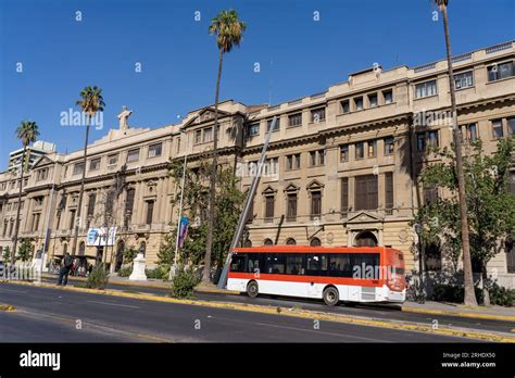 The facade of the Casa Central campus of the Pontifical Catholic University of Chile in Santiago ...