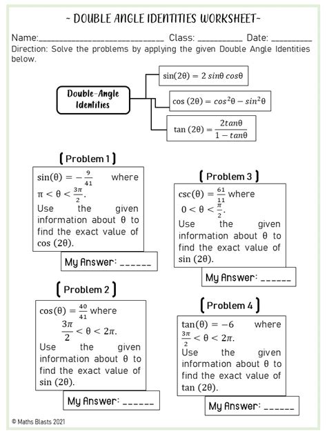 Double and Half Angle Identities Worksheets | Made By Teachers