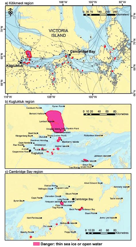 Maps showing sea ice use and locations of thin sea ice identified by ...