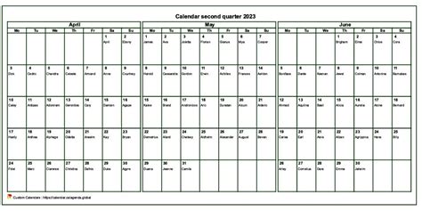 Calendar 2023 to print quarterly, format landscape