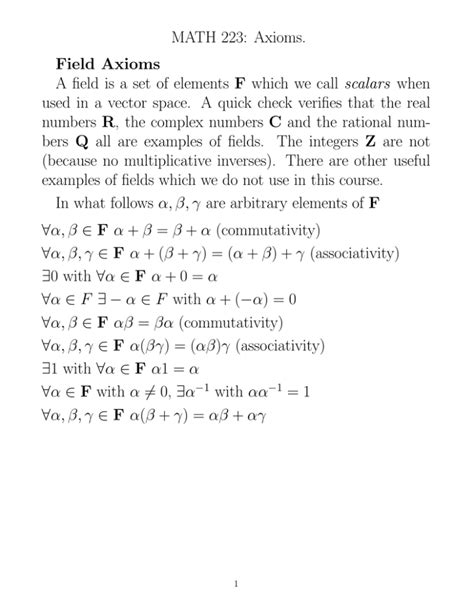 MATH 223: Axioms. Field Axioms