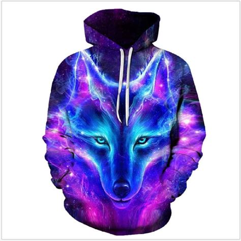 Fantasy Blue Fox Funny Long Sleeve Hooded Colorful Coat Hoodie Oversized Hoodie Men Digital 3D ...