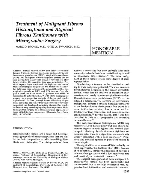 Treatment of Malignant Fibrous Histiocytoma and Atypical Fibrous Xanthomas with Micrographic ...