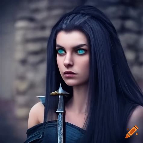 Woman with dark hair and blue eyes holding a sword in front of a castle on Craiyon
