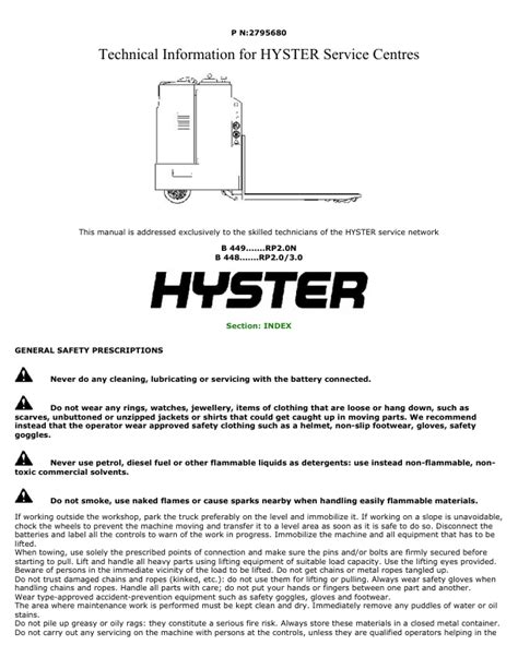 Hyster RP2.0N Rider Pallet Truck B449 Series Repair Manual