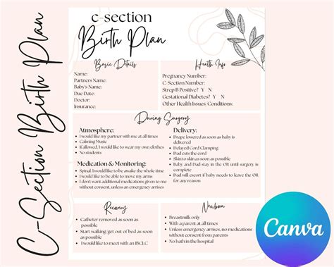 C-section Birth Plan Template C-section Birth Cesarean Birth Plan Instant Download - Etsy