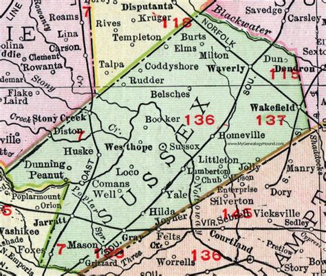 Sussex County, Virginia, Map, 1911, Rand McNally, Wakefield, Waverly, Stony Creek, Lumberton ...